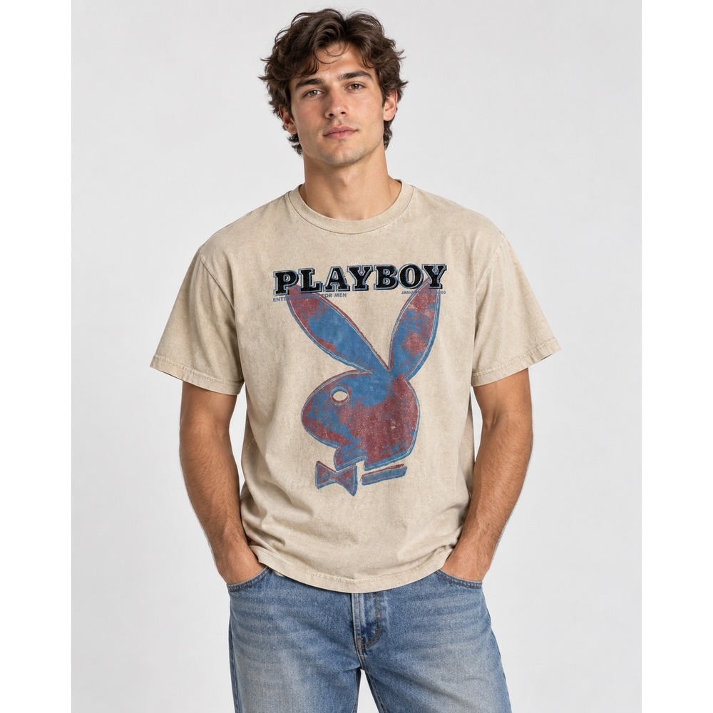 Vtg Playboy Mens Beige Andy Warhol Pop Art Bunny Rabbit Head Logo T-Shirt Size L